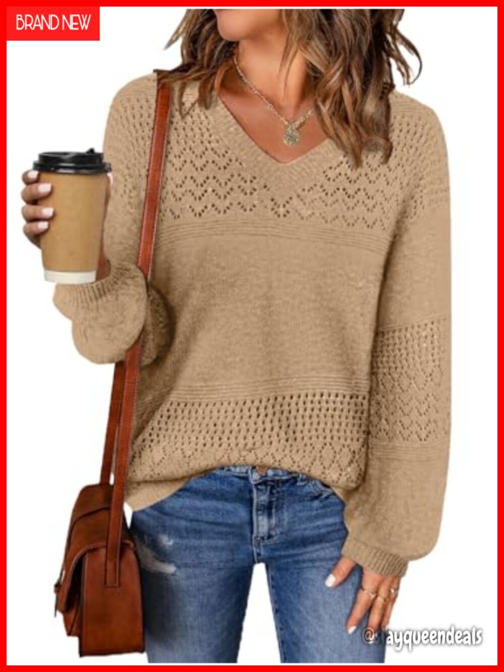 Womens V Neck Cable Knit Sweater Crochet Loose Pullover Acrylic Fall Winter